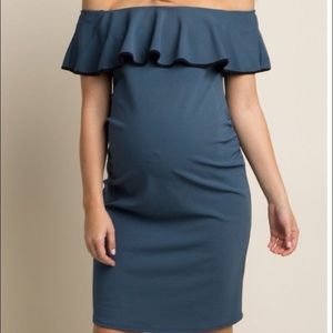 Teal Off Shoulder Ruffle Fitted Maternity Dress